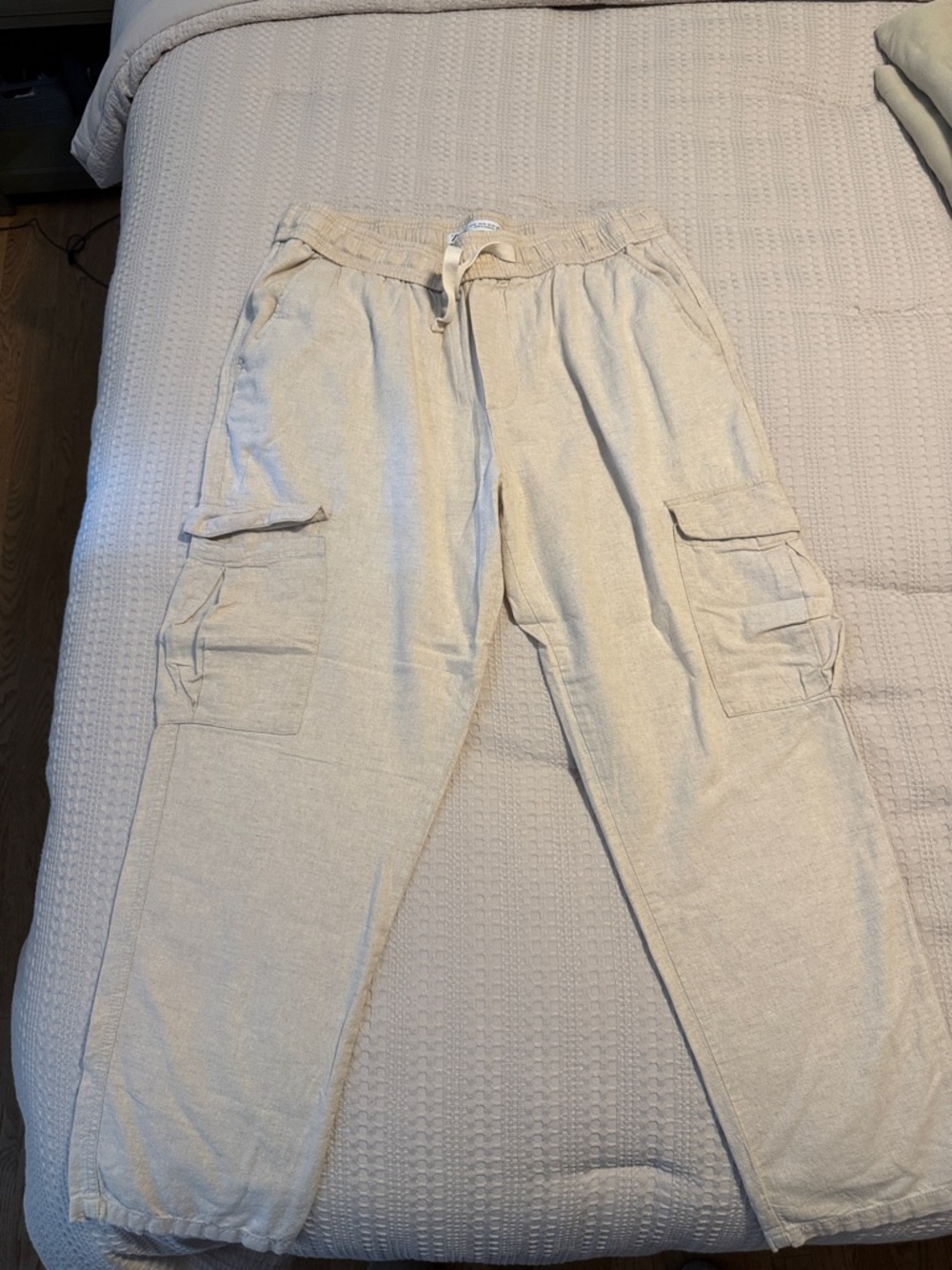 Zara Linen Beige Cargo Jogger Pants XL - Drawstring Waist